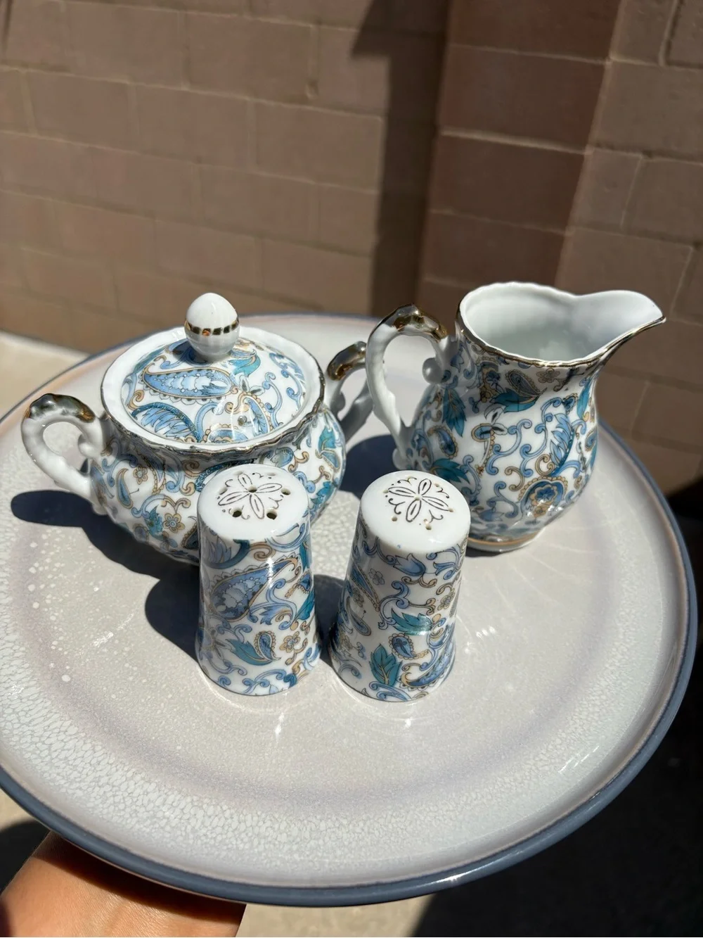 Vintage Lefton China 4-pc Set Blue Paisley Creamer & Sugar Bowl w/ Lid and S&P